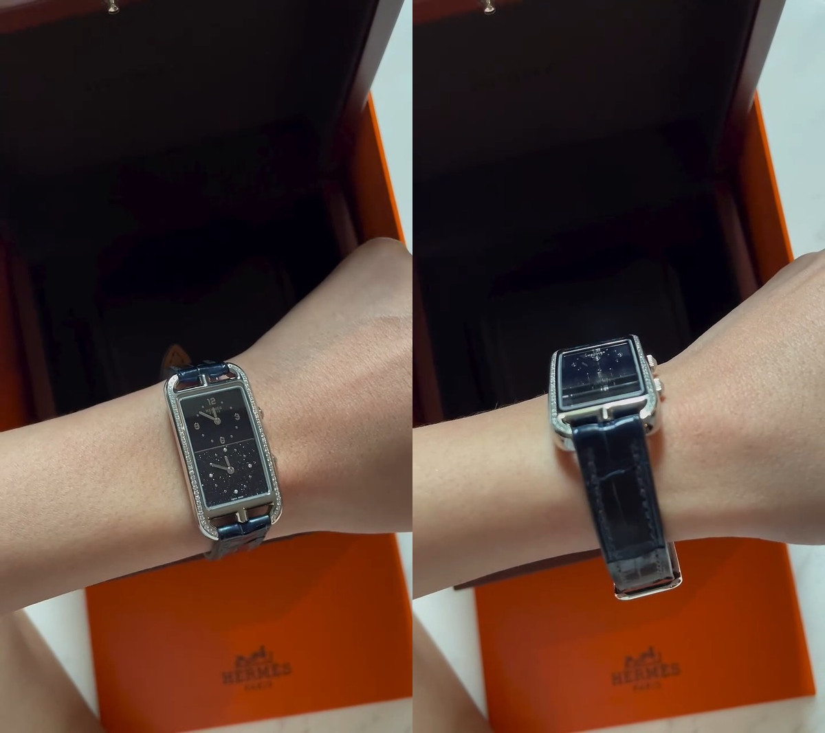 Midu đặt liền 2 chiếc, một item màu trắng ánh xanh và item còn lại là màu xám. Cả 2 chiếc lật mặt sau đều có khắc riêng tên của cô.