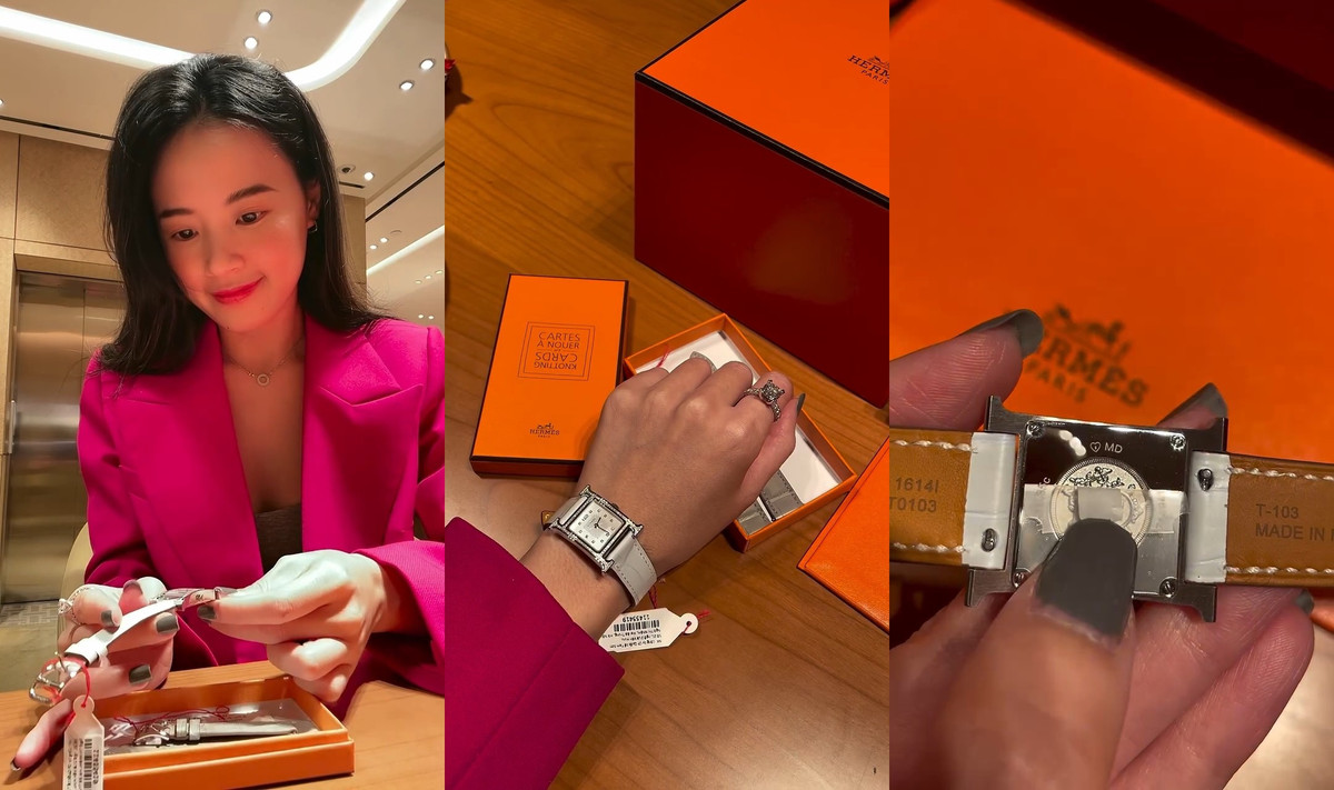 Mẫu đồng hồ mà hot girl Midu đặt riêng trong vòng 4-5 tháng mới có về tay. Item tới từ Hermes có mặt vuông chữ H và đính đá quý xung quanh.