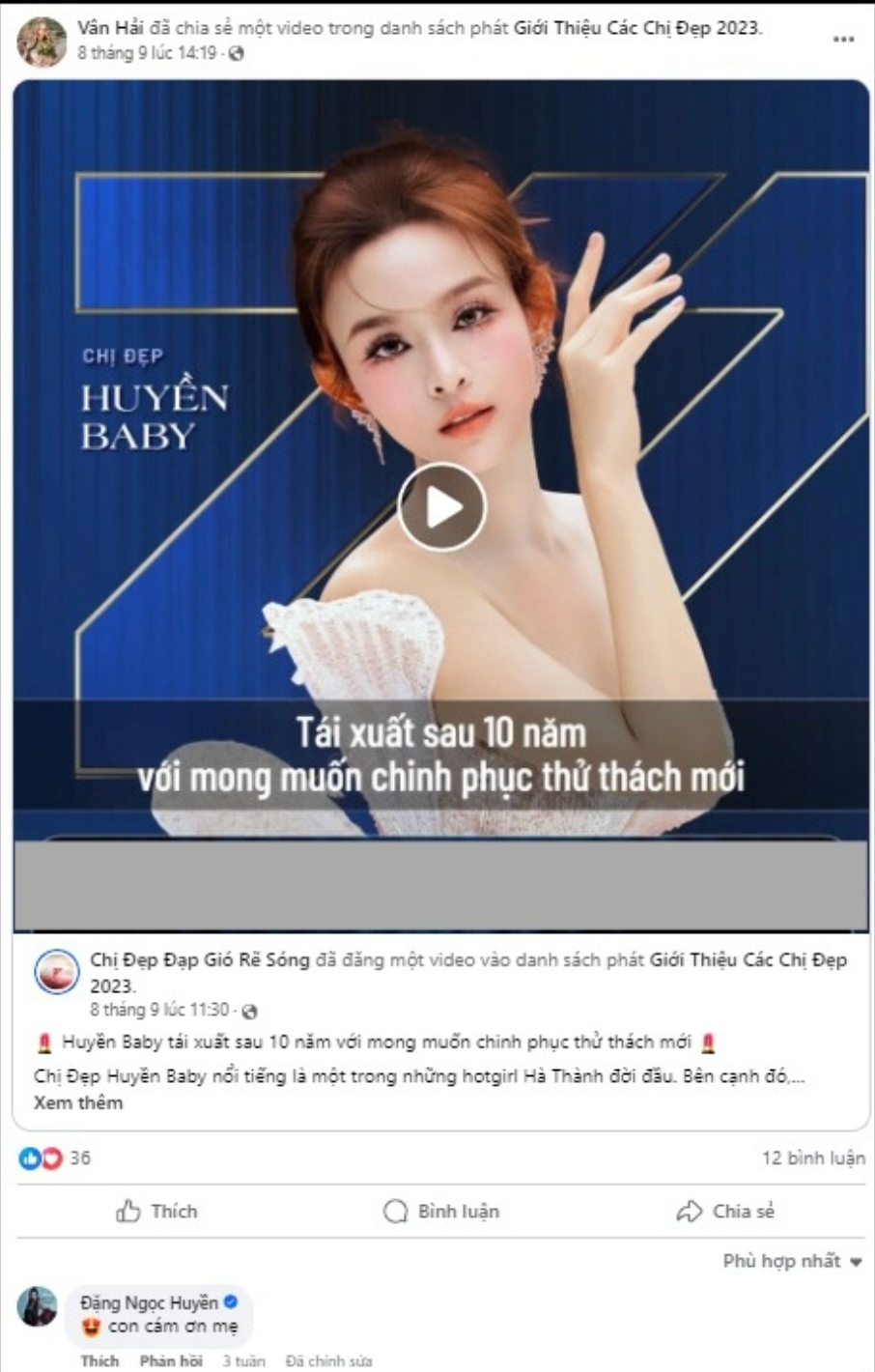 Trong khi đó mẹ chồng Huyền Baby không ngần ngại chia sẻ những bài đăng về việc con dâu tham gia chương trình.