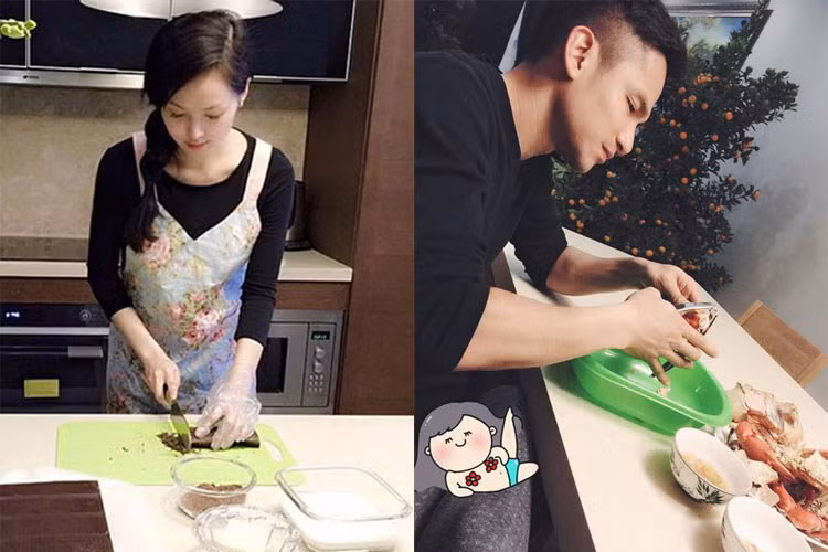 Sau khi kết hôn, Tâm Tít hiếm khi tham gia hoạt động giải trí để toàn tâm toàn ý lo cho gia đình. Trong ảnh, cô tự tay làm chocolate cho ông xã nhân ngày Valentine còn thiếu gia Ngọc Thành cặm cụi bẻ càng cua cho vợ. Ảnh: FBNV