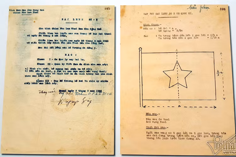 Bản sắc lệnh số 05-SL về việc bãi bỏ cờ quẻ ly và ấn định quốc kỳ Việt Nam do Đại tướng Võ Nguyên Giáp thay mặt Chủ tịch Chính phủ lâm thời dân chủ cộng hòa ký ngày 5/9/1945.