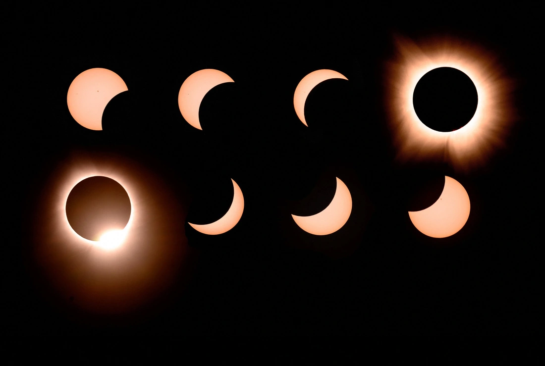 Các thời điểm của nhật thực toàn phần trên bầu trời thành phố Bloomington, bang Indiana, Mỹ - Ảnh: AFP/TTXVN.