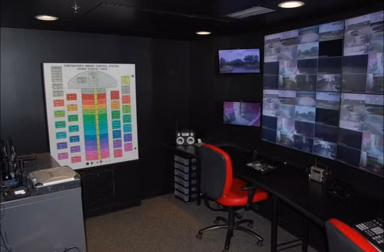 Phòng điều hành chung cư, trong này có bản đồ phác họa toàn bộ khách sạn, cùng với rất nhiều màn hình hiển thị.