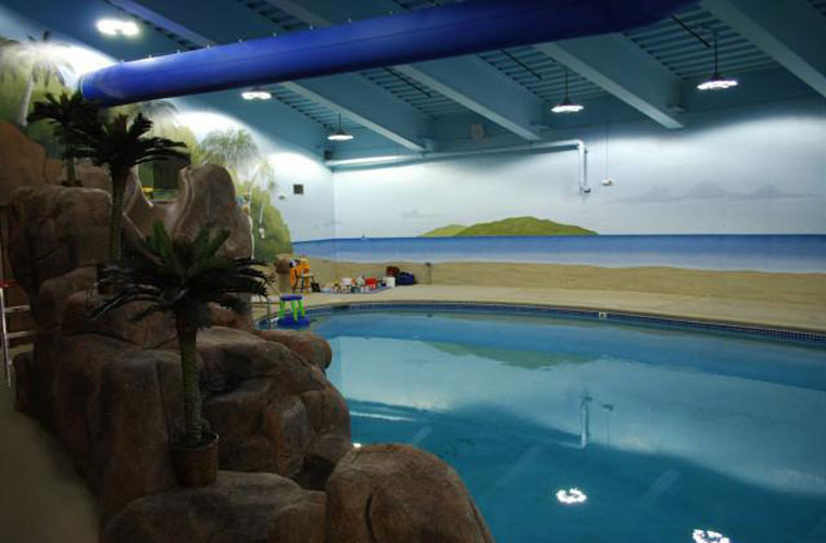 Bể bơi được xây dựng ngầm dưới đất, trang trí nội thất trong phòng phần đa sử dụng phong cách tự nhiên, để tránh người ở có cảm giác buồn chán.