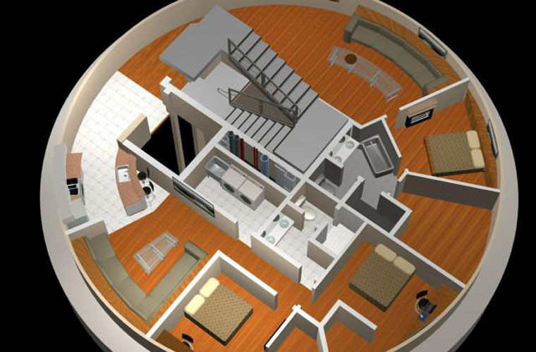 Sơ đồ mặt tiền của giếng phóng tên lửa đạn đạo sau khi được cải tạo thành chung cư, khách sạn sang trọng. Giếng phóng này được xây dựng vào những năm 1960, sau đó bị bỏ hoang. Cửa vào của giếng phóng nặng 14 tấn, tường bê tông dày 9m.