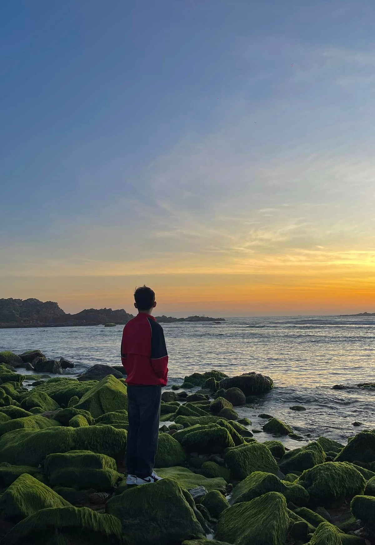 Thời điểm đẹp nhất để quan sát bãi đá rêu xanh mướt là sáng sớm, lúc mặt trời vừa ló dạng, thủy triều rút. Ảnh Phan Thùy Linh