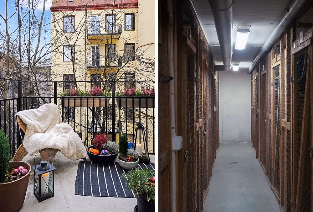 Mỗi căn hộ ở đây đều có một kho lưu trữ trong một căn phòng đặc biệt ở tầng hầm. Ban công được xem là nơi nghỉ ngơi, thư giãn của các cư dân Thụy Điển.