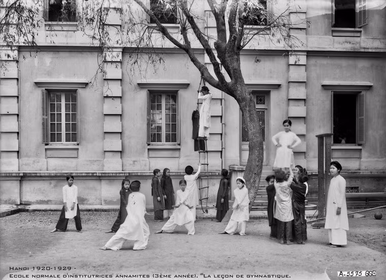 Các nữ sinh leo thang dây trong giờ thể dục.