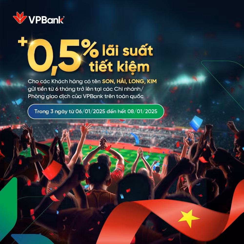Tối qua (5/1), Ngân hàng TMCP Việt Nam Thịnh Vượng (VPBank) dành tặng ưu đãi dành cho các khách hàng gửi tiết kiệm. VPBank cộng lãi suất tiết kiệm cho khách hàng trùng tên cầu thủ SON, HẢI, LONG và KIM. Hiện, dải lãi suất tiền gửi tại quầy VPBank áp dụng với khách hàng cá nhân dao động quanh mức 4,9-5,7%/năm, như vậy, các khách hàng tên Son, Hải, Long và Kim khi gửi tiền tại ngân hàng này trong thời gian kể trên sẽ nhận được mức lãi suất lên tới 5,4-6,2%/năm. (Ảnh: Facebook VPBank)