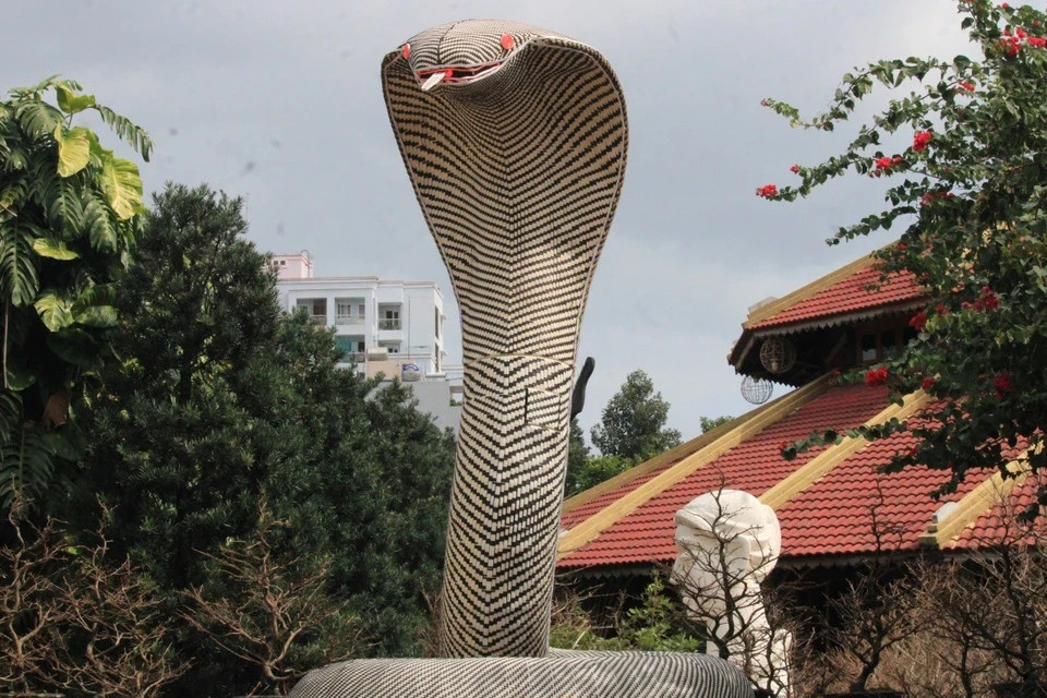 Làng nghề Trường Sơn tại Nha Trang (Khánh Hòa) ra mắt linh vật rắn khổng lồ "gây sợ" với chiều cao lên đến 4,5 m (tính cả phần đế). Đại diện đơn vị cho biết tượng được tạo hình bằng khuôn nhôm, bên ngoài sử dụng sợi thủy tinh từ nhựa nguyên sinh. (Ảnh: Công Tâm/Dân Việt).