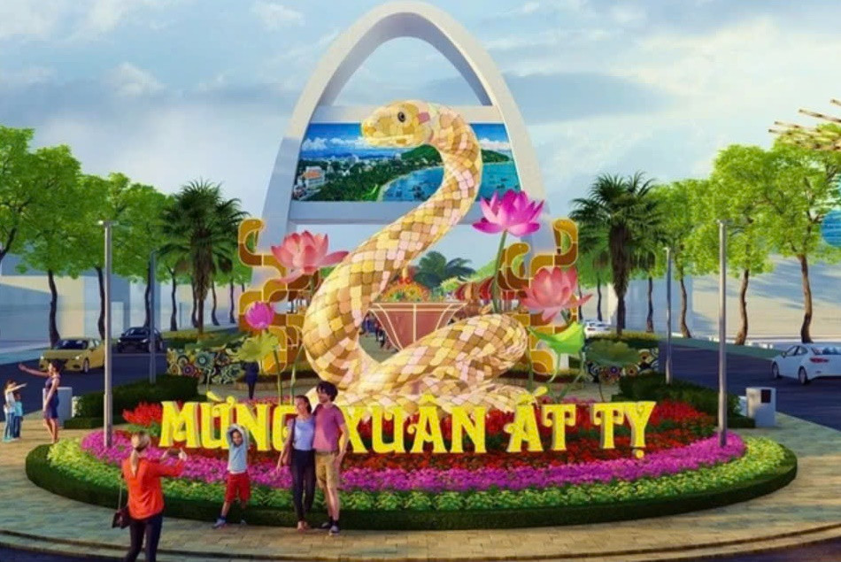 Một trong những phối cảnh tại Hội hoa Xuân Vũng Tàu năm 2025 với linh vật rắn bảy màu. (Ảnh NLĐ)