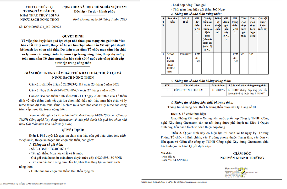 Binh Duong: Phat Thien Phu trung goi mua hoa chat xu ly nuoc hon 5 ty