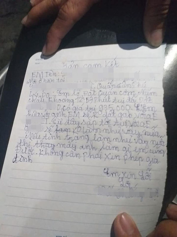 Tờ đơn cam kết của thanh niên bom hàng.