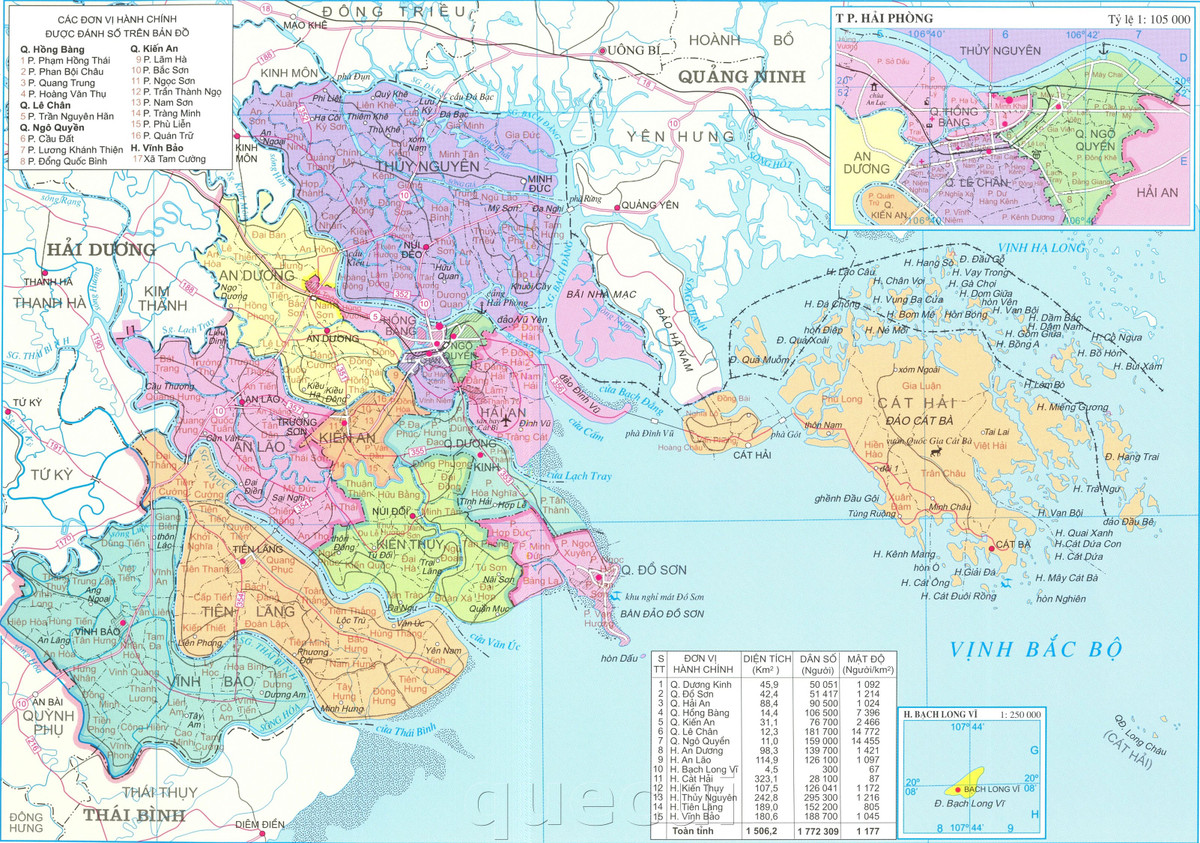 Tổng diện tích đất tự nhiên của tỉnh Hải Phòng là 1.527,4 km2. Hải Phòng bao gồm 7 quận nội thành, 6 huyện ngoại thành và 2 huyện đảo trong đó có 223 đơn vị cấp xã gồm 70 phường, 10 thị trấn và 143 xã.