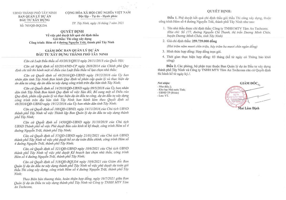 Tay Ninh: Cty Tam An Techcons 2 ngay lien tiep trung 4 goi thau