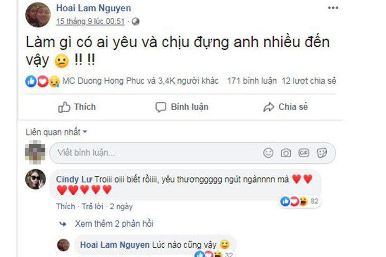 Cách đây ít ngày, Hoài Lâm khẳng định không ai yêu và chịu đựng anh nhiều như vợ. Đáp lại Hoài Lâm, Cindy Lư viết: "Biết rồi, yêu thương ngút ngàn mà".