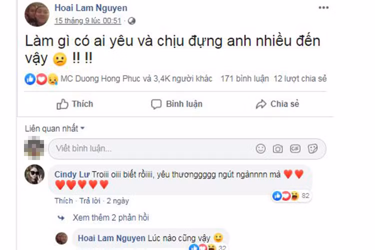 Cách đây ít ngày, Hoài Lâm khẳng định không ai yêu và chịu đựng anh nhiều như vợ. Đáp lại Hoài Lâm, Cindy Lư viết: "Biết rồi, yêu thương ngút ngàn mà".