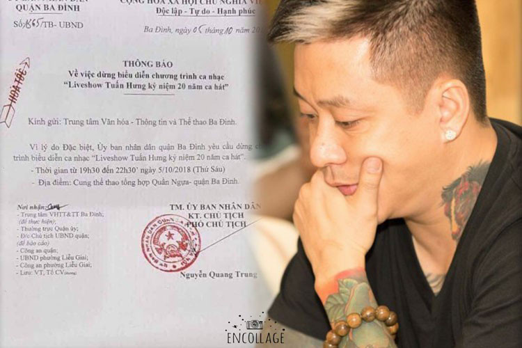 Giống Quang Hà, Tuấn Hưng cũng phải hủy show trước giờ G. Cụ thể, tháng 10/2018, liveshow kỷ niệm 20 năm ca hát của Tuấn Hưng bị hủy chỉ trước giờ diễn 2 tiếng. Công văn từ UBND quận Ba Đình nêu rõ tạm dừng show vì lý do đặc biệt. Ảnh: Người đưa tin