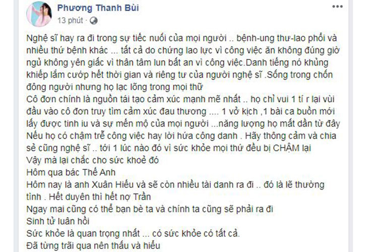 Sau sự ra đi của nghệ sĩ Xuân Hiếu và nghệ sĩ Thế Anh, Phương Thanh mong mọi người hãy giữ sức khỏe.