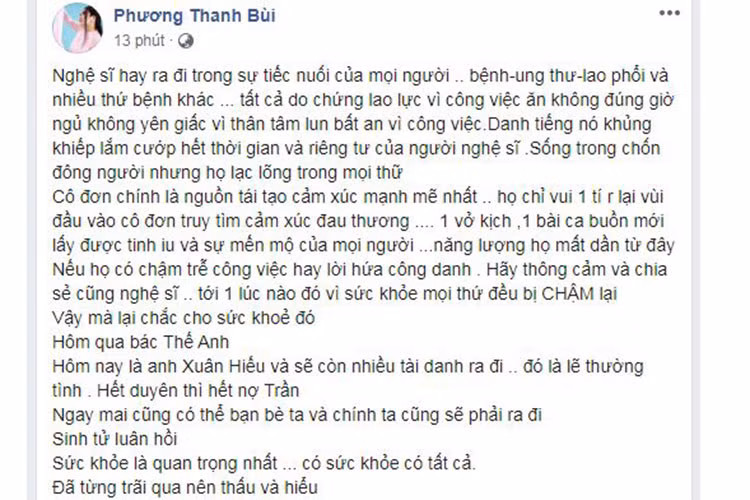 Sau sự ra đi của nghệ sĩ Xuân Hiếu và nghệ sĩ Thế Anh, Phương Thanh mong mọi người hãy giữ sức khỏe.