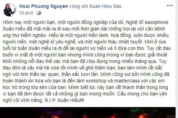 Nhạc sĩ Hoài Phương gửi lời vĩnh biệt đến người đồng nghiệp. "Hiếu là một người hiền lành, hòa đồng, một nghệ sĩ yêu nghề và một người thầy nhiệt huyết", Hoài Phương tâm sự về nhạc sĩ Xuân Hiếu.