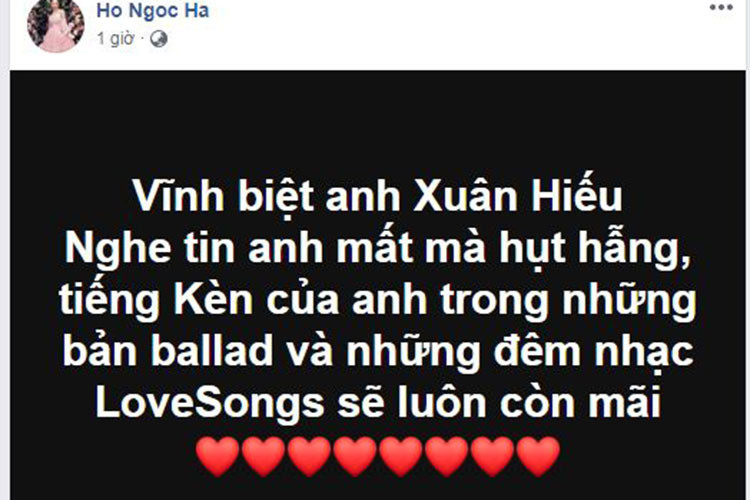 Nghe tin nghệ sĩ Xuân Hiếu ra đi, Hồ Ngọc Hà cảm thấy hụt hẫng.