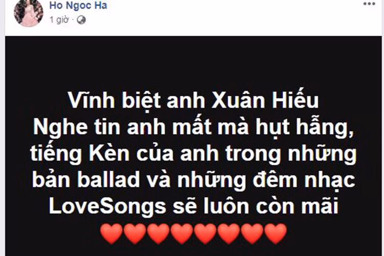 Nghe tin nghệ sĩ Xuân Hiếu ra đi, Hồ Ngọc Hà cảm thấy hụt hẫng.