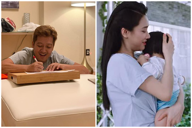 Gần đây, khi sang Mỹ lưu diễn, Trường Giang vừa gọi điện cho vợ con vừa học thoại. Nam danh hài tiết lộ, khi thấy anh, con gái đã vỗ tay. Không khó để nhận thấy Trường Giang có cuộc hôn nhân vô cùng hạnh phúc. Ảnh: Vietnamnet