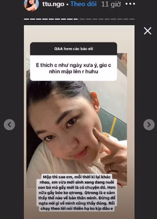 Nàng á hậu bày tỏ cô không quan tâm đến dư luận. "Đừng để người ta nói gì về mình cũng thấy đúng rồi chạy theo lời nói thiên hạ không kịp đâu em", Thanh Tú phản hồi một fan thích hình ảnh Thanh Tú ngày xưa.