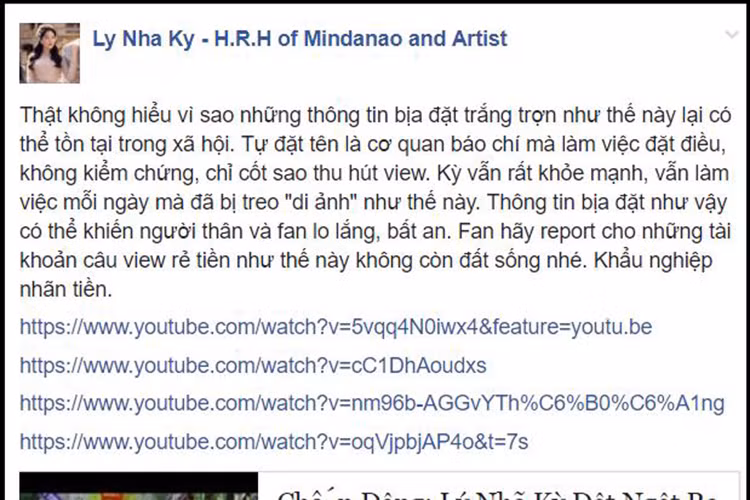 "Thật không hiểu vì sao những thông tin bịa đặt trắng trợn như thế này lại có thể tồn tại trong xã hội. Kỳ vẫn rất khỏe mạnh, vẫn làm việc mỗi ngày mà đã bị treo "di ảnh" như thế này”, nữ diễn viên bức xúc viết.