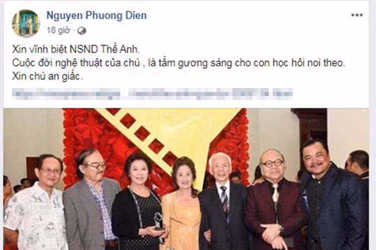 Đạo diễn Phương Điền cũng gửi vĩnh biệt NSND Thế Anh. “Cuộc đời nghệ thuật của chú, là tấm gương sáng cho con học hỏi noi theo. Xin chú an giấc”, đạo diễn phim “Tiếng sét trong mưa” tâm sự.