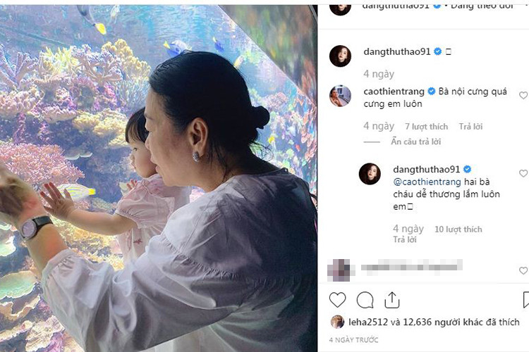 Cuộc sống của Thu Thảo hiện viên mãn. Gần đây, cô khéo khoe mối quan hệ tốt đẹp với mẹ chồng bằng hình ảnh mẹ chồng bên bé Sophie - con gái của Thu Thảo.