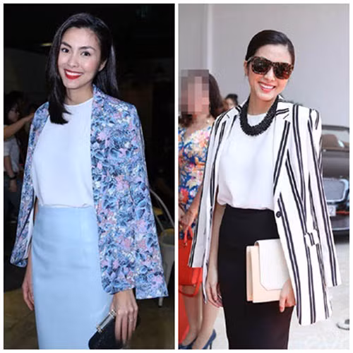 Kết hợp với áo sơ mi trắng và chân váy bút chì sang trọng, người đẹp chọn kiểu blazer sọc đen trắng ăn ý. Dù chọn phong cách tối giản nhưng chiếc vòng cổ gam đen được kết hợp ăn ý cùng set đồ đã giúp ngọc nữ xây dựng thành công hình ảnh thời trang ngày một đẳng cấp của mình. Ảnh: tinmoi.vn