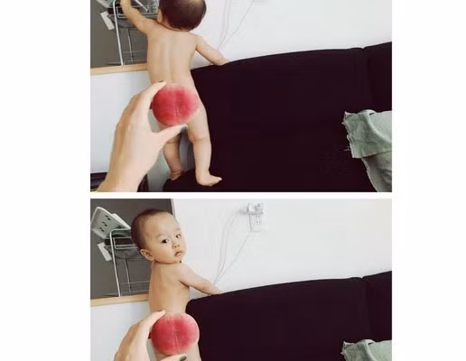 Mẹ sẵn sàng ghép ảnh trái đào với mông bé trong mọi tư thế.