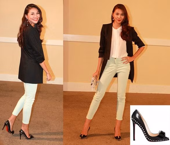 Siêu mẫu sành điệu Thanh Hằng tất nhiên không thể bỏ qua mẫu giày Lucifer Bow đình đám của Christian Louboutin.. Ảnh: Xzone.