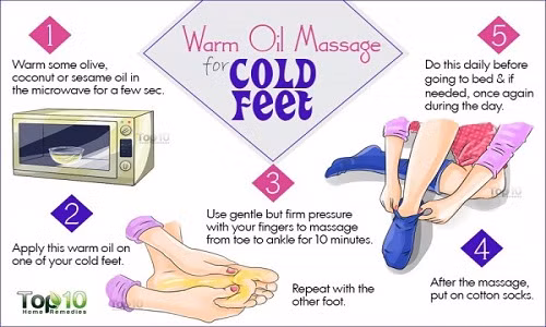 1. Massage chân bằng dầu nóng. Massage chân là phương pháp đơn giản và hiệu quả để làm bàn chân bạn ấm lên vì giúp máu lưu thông tốt hơn đến các tế bào bàn chân. Bạn có thể sử dụng dầu dừa, dầu ô liu, dầu mè để massage chân.