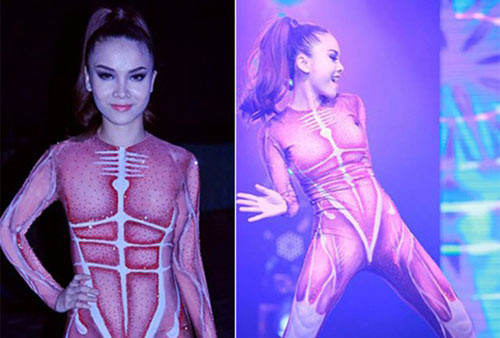 Yến Trang chơi Halloween sớm với bộ suit xương người. Ảnh: Ngôi sao.