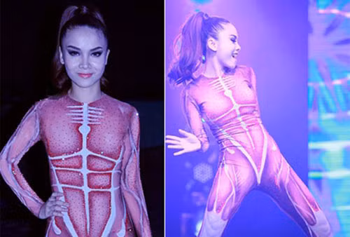 Yến Trang chơi Halloween sớm với bộ suit xương người. Ảnh: Ngôi sao.