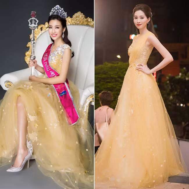 Diện một kiểu váy có chung phom dáng và màu sắc, Đặng Thu Thảo đẹp mơ màng, duyên dáng với cách kết hợp phụ kiện đơn giản, còn Mỹ Linh lại có phần cầu kỳ hơn với vương miện, quyền trượng, bông tai đính đá nổi bật, đôi giày thiên thần - quà tặng sau khi trở thành Hoa hậu Việt Nam 2016. Ảnh: phunutoday.vn.