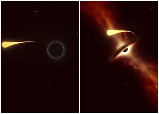 Mặc dùng vẫn đang phát sáng mạnh mẽ, những khối vật chất của ngôi sao này bị kéo giãn tạo ra một dải vật chất có hình thù như một chú nòng nọc và chiếc đuôi này ngày càng dài, cho đến khi nó bị kéo vào quỹ đao quanh hố đen. Ảnh: Interest Spacce