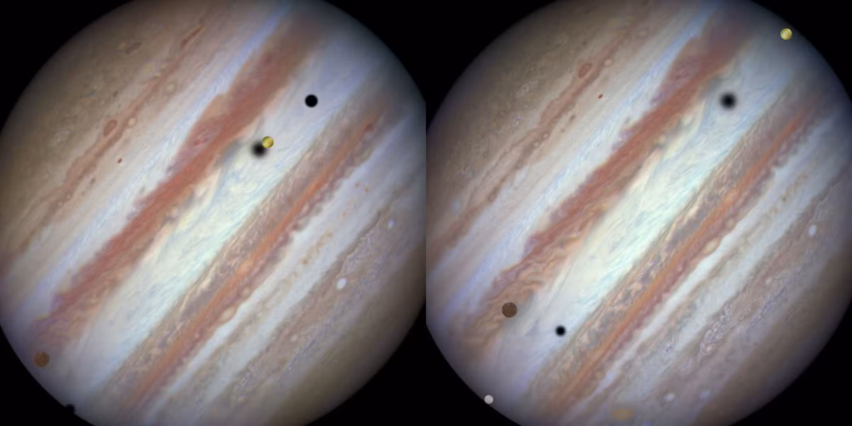 Một bức ảnh thời gian thực hiếm hoi về về ba vệ tinh Europa, Callisto và Io với bóng của chúng cùng lướt qua bề mặt Sao Mộc tạo ra nguyệt thực trên bề mặt hành tinh khí (24 tháng 1 năm 2015).