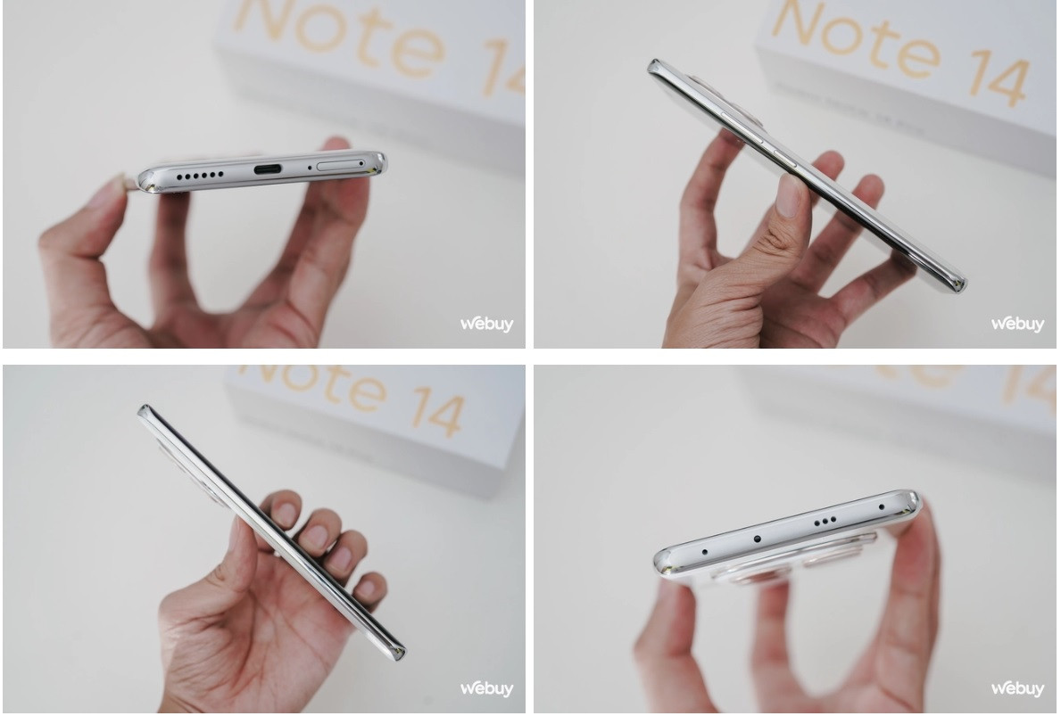 Khung viền của Redmi Note 14 Pro hoàn thiện từ nhựa nhằm cắt giảm chi phí, thiết kế bóng bẩy. Đây cũng là nơi đặt các nút bấm vật lý, dải loa, mic thoại, cổng sạc USB-C, khe cắm sim, có cả "mắt thần" hồng ngoại ở cạnh trên tuy nhiên đã không còn jack tai nghe 3.5mm