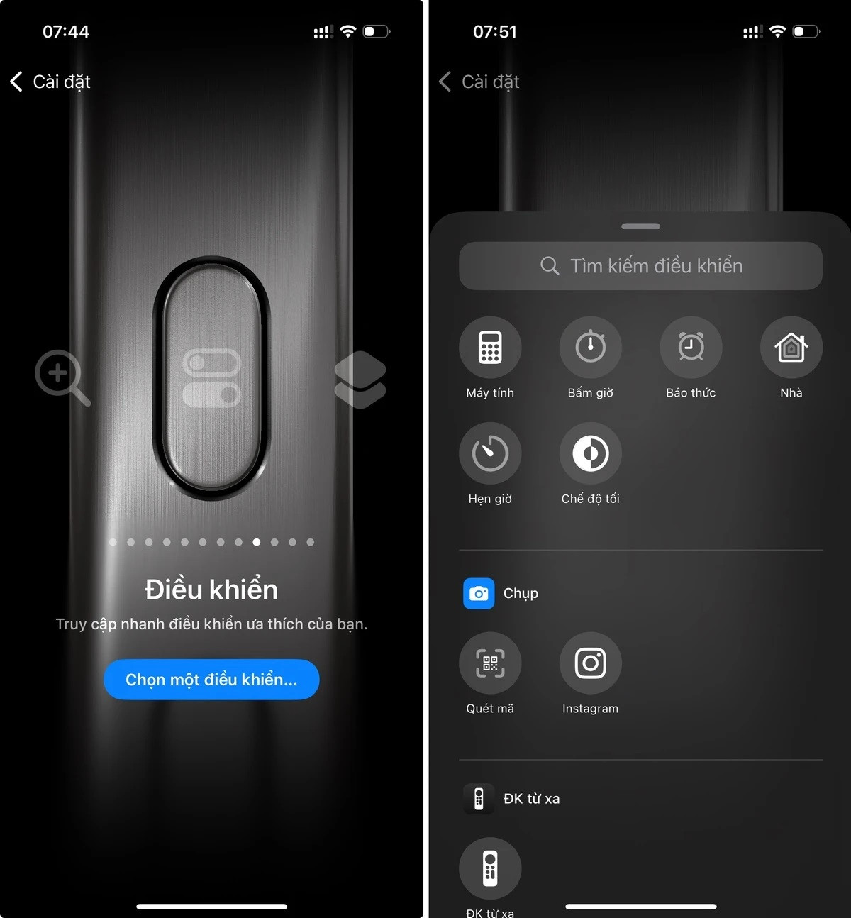 iOS 18 còn cho phép người dùng đưa ứng dụng bên thứ 3 vào Action Center, từ đó cũng có thể trực tiếp gọi lên bằng nút Action tương tự như khi sử dụng phần mềm kể trên. Ngoài ra còn có thể khởi động Dark Mode, quét QR, hay vào thẳng ứng dụng mạng xã hội nào ưa thích. Ảnh chụp màn hình
