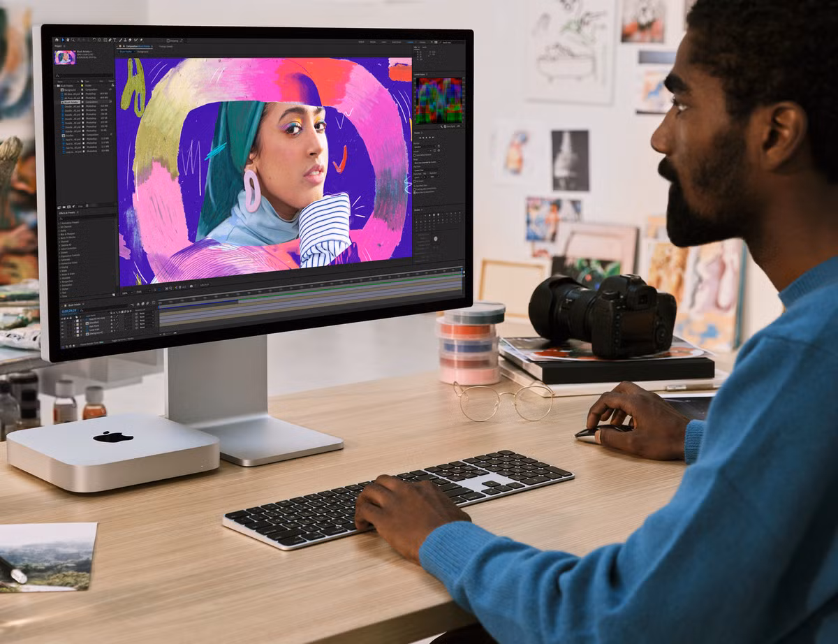 Chưa hết, nó còn mang tới tốc độ khung hình cao hơn tới 2 lần và hiệu suất chỉnh sửa ảnh, video nhanh hơn tới 2.1 lần khi áp dụng các bộ lọc và hiệu ứng phức tạp trong các ứng dụng như Adobe Photoshop/Adobe Premiere Pro so với iMac có M1. Còn nếu so với mẫu iMac phổ biến nhất sử dụng chip Intel, iMac mới nhanh hơn tới 6 lần.