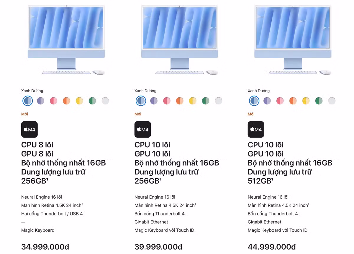 Mac M4 cấu hình cơ bản (CPU 8 lõi, GPU 8 lõi, 16GB RAM, 256GB SSD) có mức giá là 34.999.000 VNĐ và 33.749.000 VNĐ dành cho lĩnh vực giáo dục. Phiên bản 10 lõi CPU và GPU có giá khởi điểm từ 39.999.000 VNĐ. Ảnh: Apple Newsroom