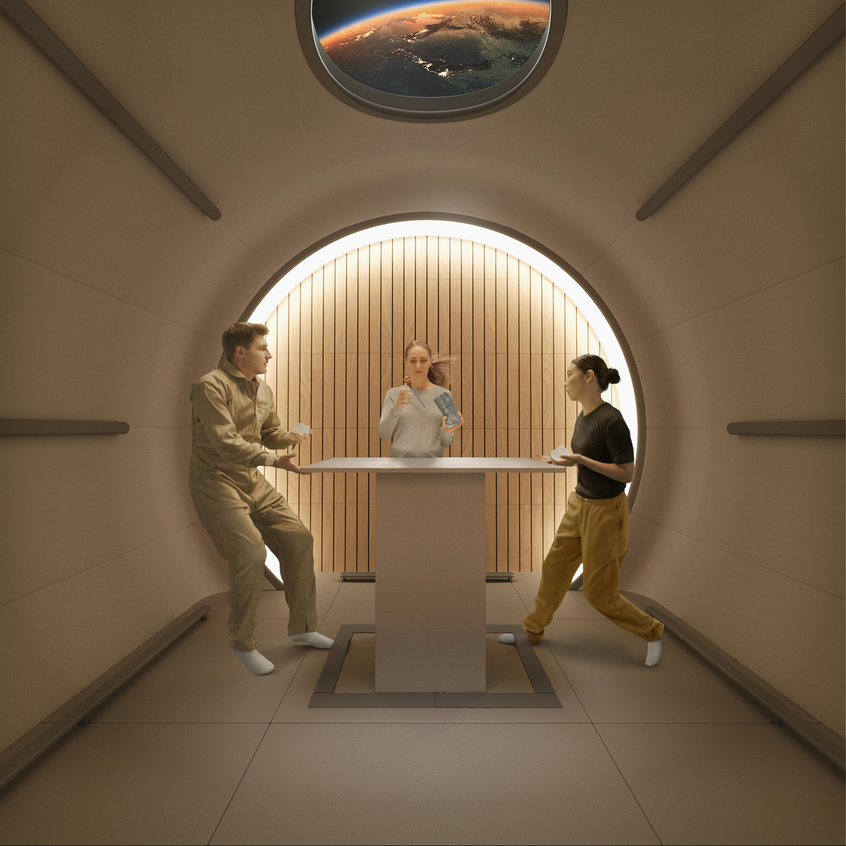 Cũng tại đó, có một chiếc bàn chung sẽ được triển khai khi dùng và ẩn xuống khi không cần đến nhằm tiết kiệm không gian. Nó được sử dụng cho cả công tác nghiên cứu và các sinh hoạt khác như ăn, uống. Đương nhiên, mỗi khi được ẩn xuống nó đồng thời sẽ được tự vệ sinh sạch trước khi tái triển khai.