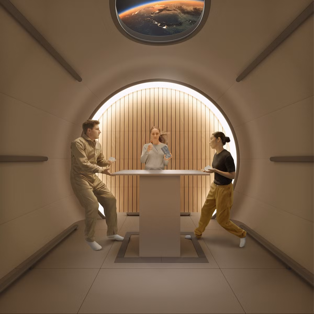 Cũng tại đó, có một chiếc bàn chung sẽ được triển khai khi dùng và ẩn xuống khi không cần đến nhằm tiết kiệm không gian. Nó được sử dụng cho cả công tác nghiên cứu và các sinh hoạt khác như ăn, uống. Đương nhiên, mỗi khi được ẩn xuống nó đồng thời sẽ được tự vệ sinh sạch trước khi tái triển khai.