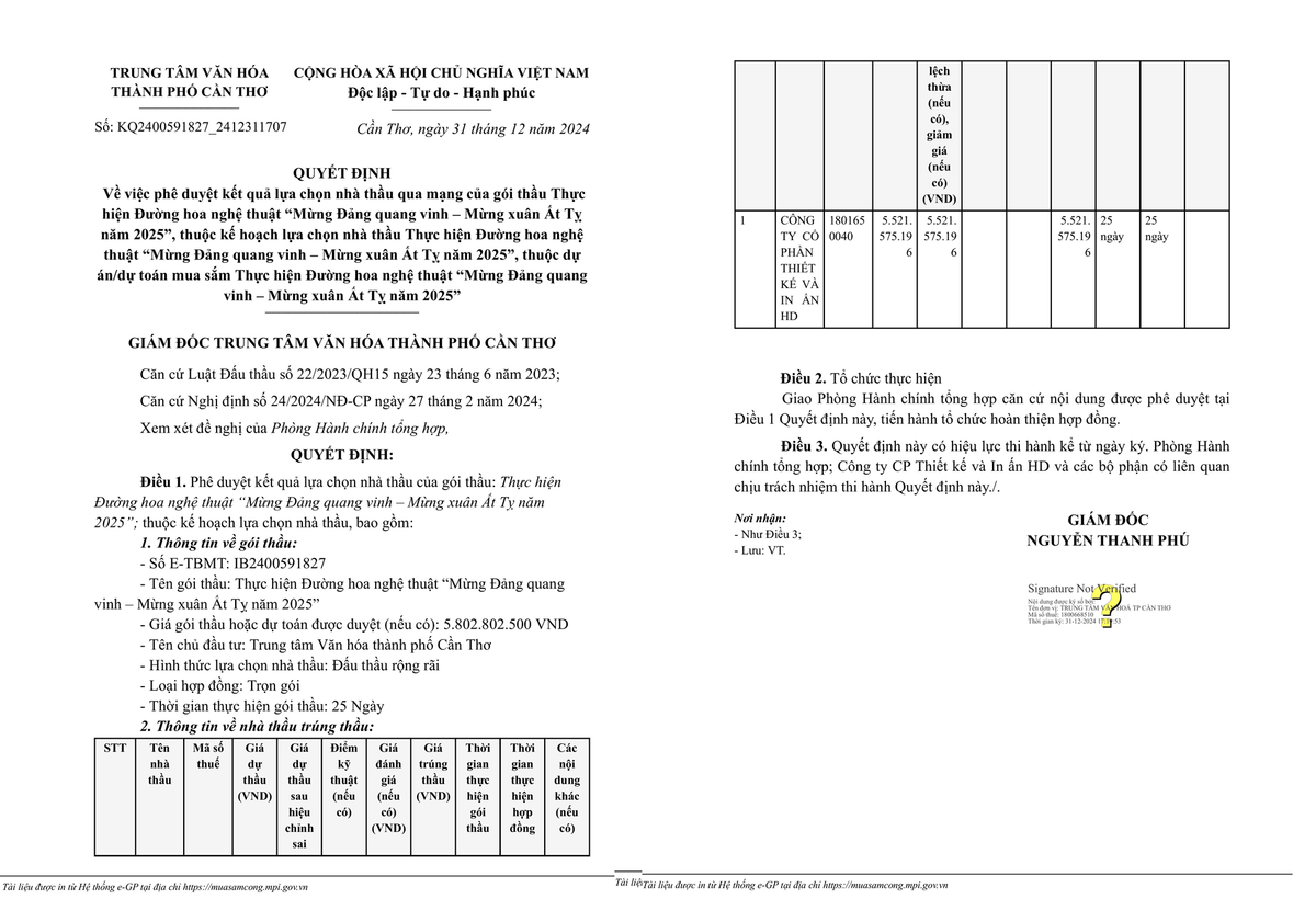 Cần Thơ: Công ty HD trúng gói thầu trang trí Tết hơn 5,5 tỷ Can Tho: Cong ty HD trung goi thau trang tri Tet hon 5,5 ty