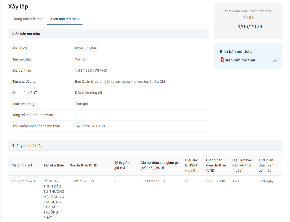 TP. HCM: Duy nhat 1 nha thau du goi xay lap gan 1,5 ty