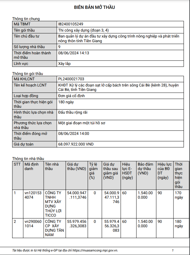 Tiền Giang: Gói thầu gần 70 tỷ có về tay Cty thủy lợi TICCO? Tien Giang: Goi thau gan 70 ty co ve tay Cty thuy loi TICCO?